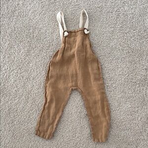 The Simple Folk Kids Brown Linen-Style Overalls with Cream Straps